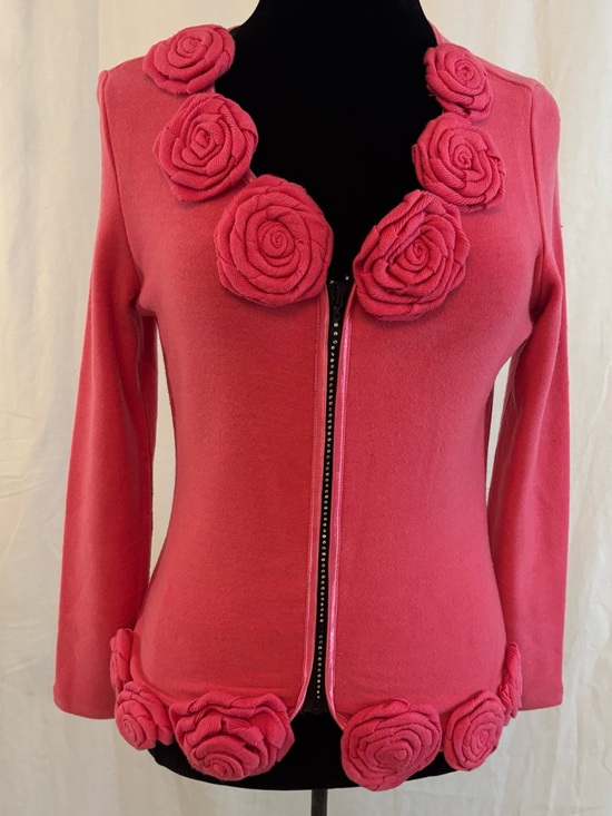 Sweaters - Pink Rosette Rhinestone Zip Cardigan Coquette Cottagecore Fairycore Sweater Med